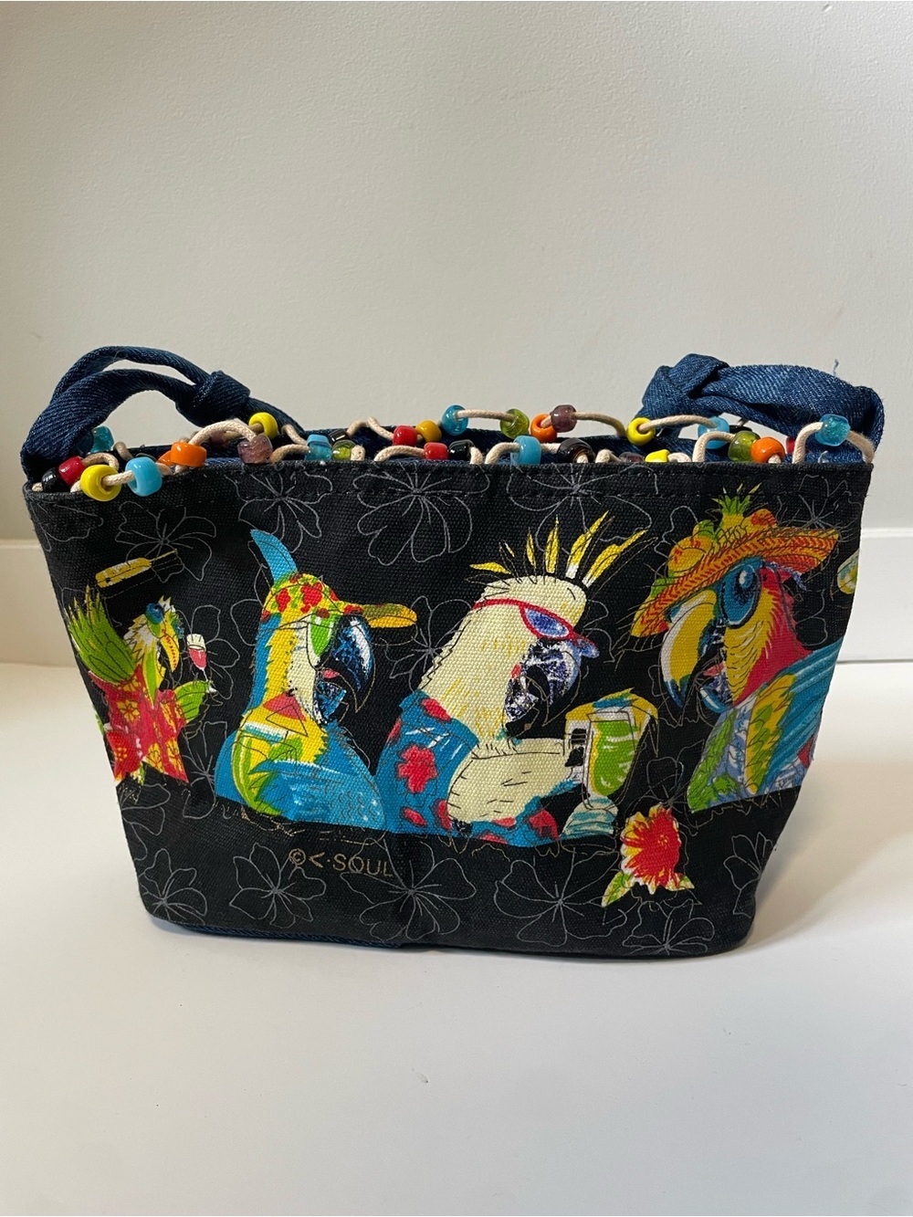 90s Y2K Vintage Beaded Tropical Parrot Bird Print Denim Jean Bag Purse